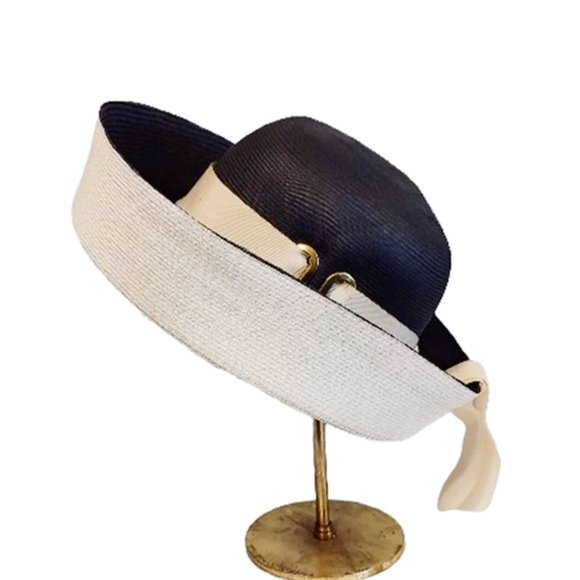 Dramatic 1960s Vintage Black & White Designer High End Straw Hat By Adolfo